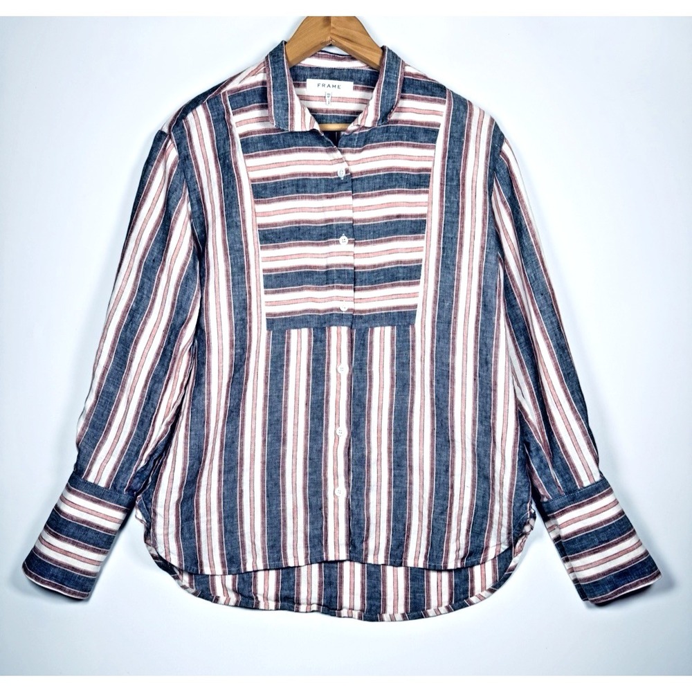 FRAME Linen Shirt Womens XS Red Blue Stripe Bib Front Button Up Long Sleeve‎ Top